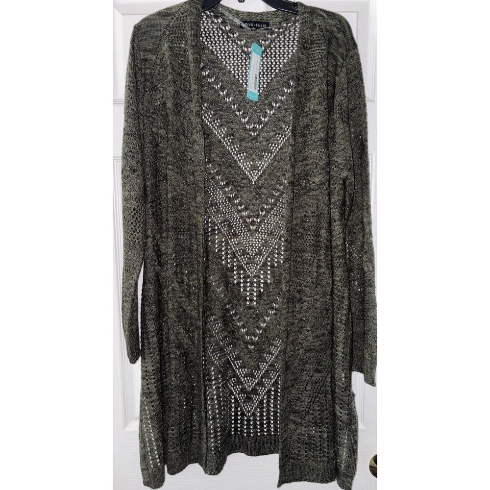 Love Ellie Womens XL Long Pointelle Cardigan Sweater Duster Green Crochet Cheril